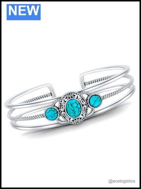 Sterling Silver Turquoise Bangle Cuff Bracelet Adjustable Boho Vintage